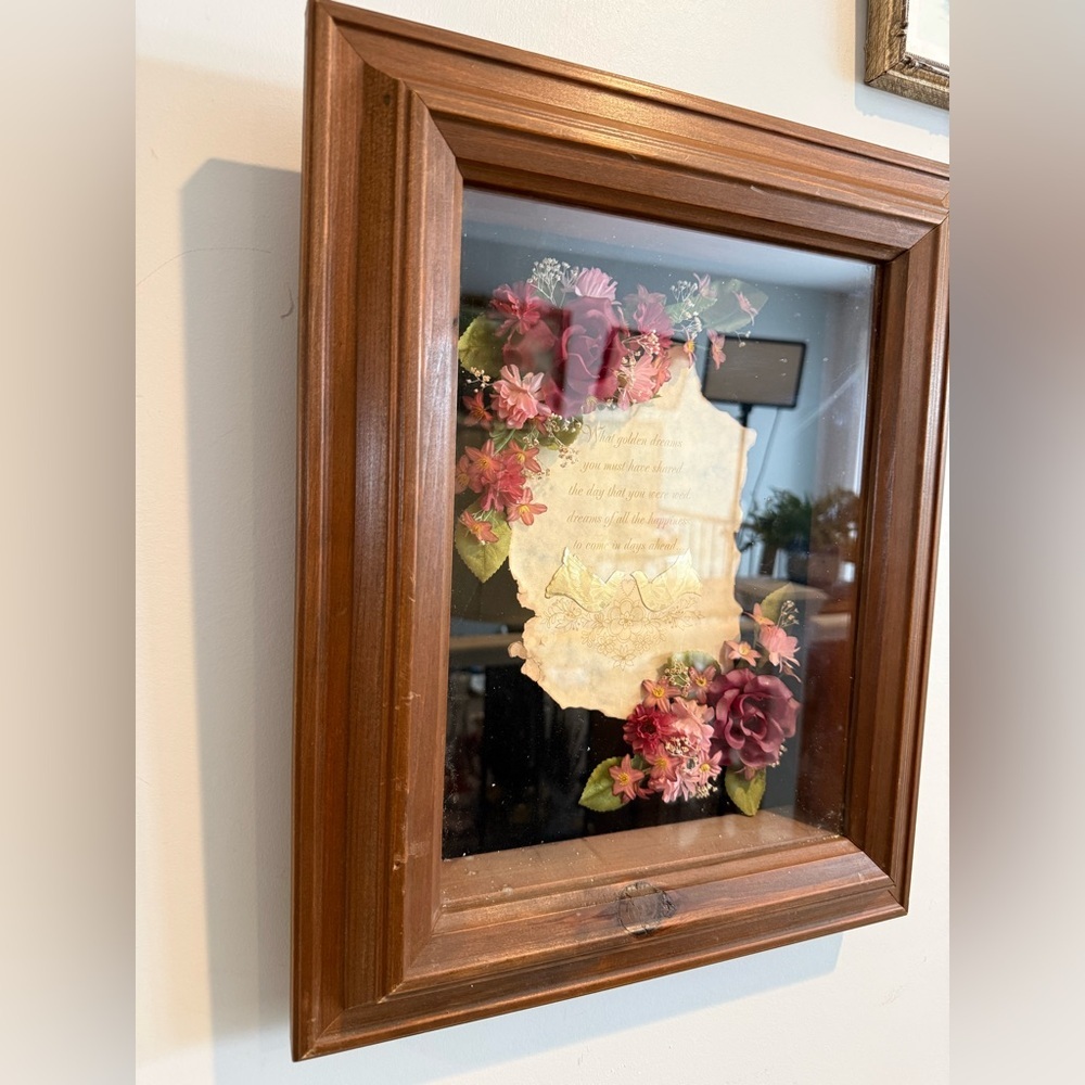 Vintage Wedding Shadow Box – Floral Art with Doves and Poetry – 15.5x13x2" - Picture 3 of 14
